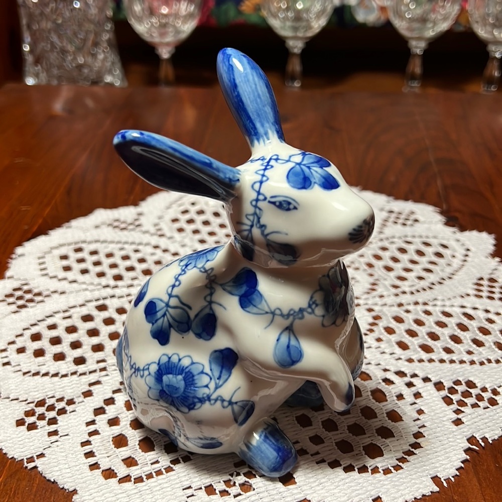 Beautiful handpainted porcelain blue and white bunny